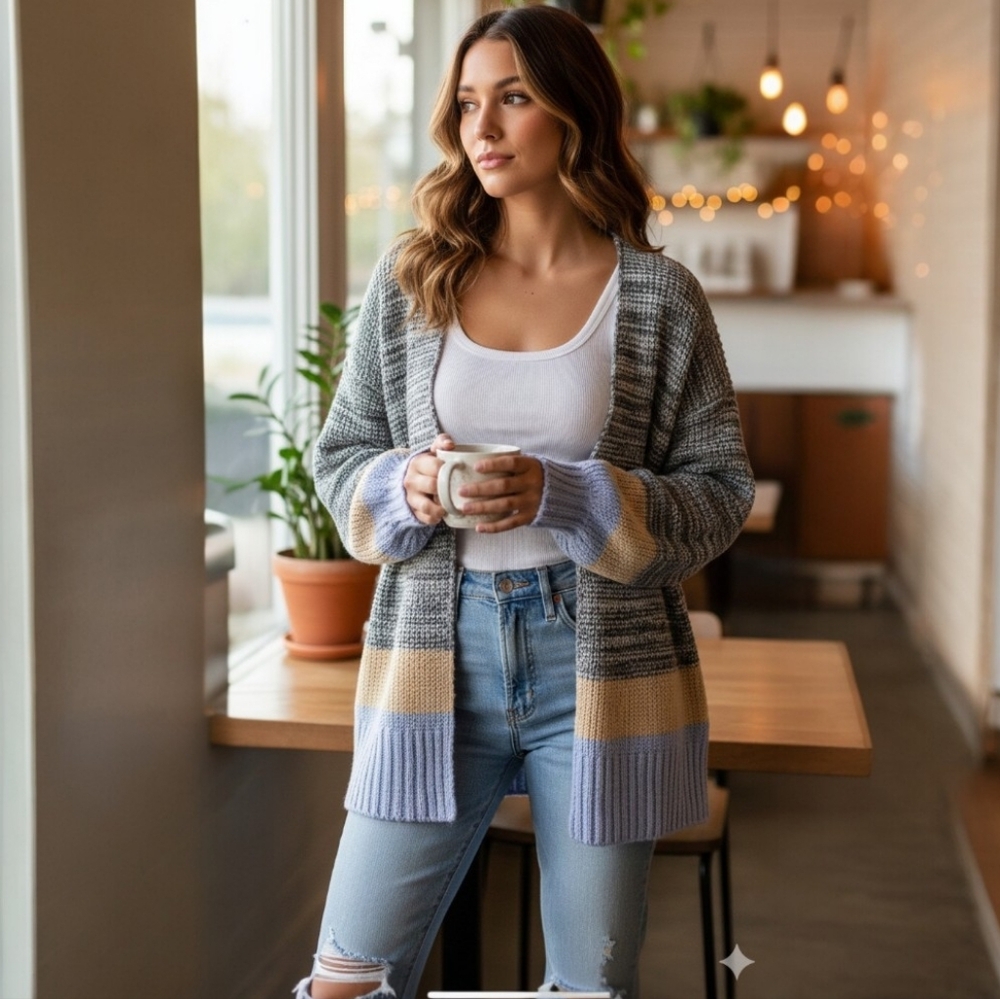 Truly Madly Deeply Colorblock Cardigan Gray Blue Yellow Slouchy Urban Outfitters